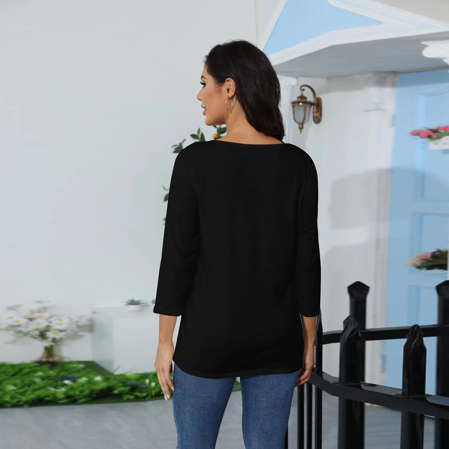 3/4 Length Sleeve Womens Tops Dressy Pocket Basic Crew Neck T Shirts Loose Fit Casual Comfy Three Quarter Blouses