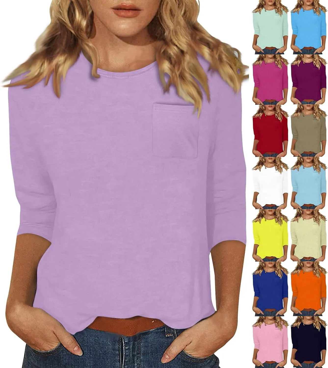 3/4 Length Sleeve Womens Tops Dressy Pocket Basic Crew Neck T Shirts Loose Fit Casual Comfy Three Quarter Blouses