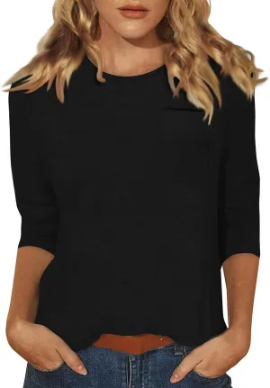 3/4 Length Sleeve Womens Tops Dressy Pocket Basic Crew Neck T Shirts Loose Fit Casual Comfy Three Quarter Blouses