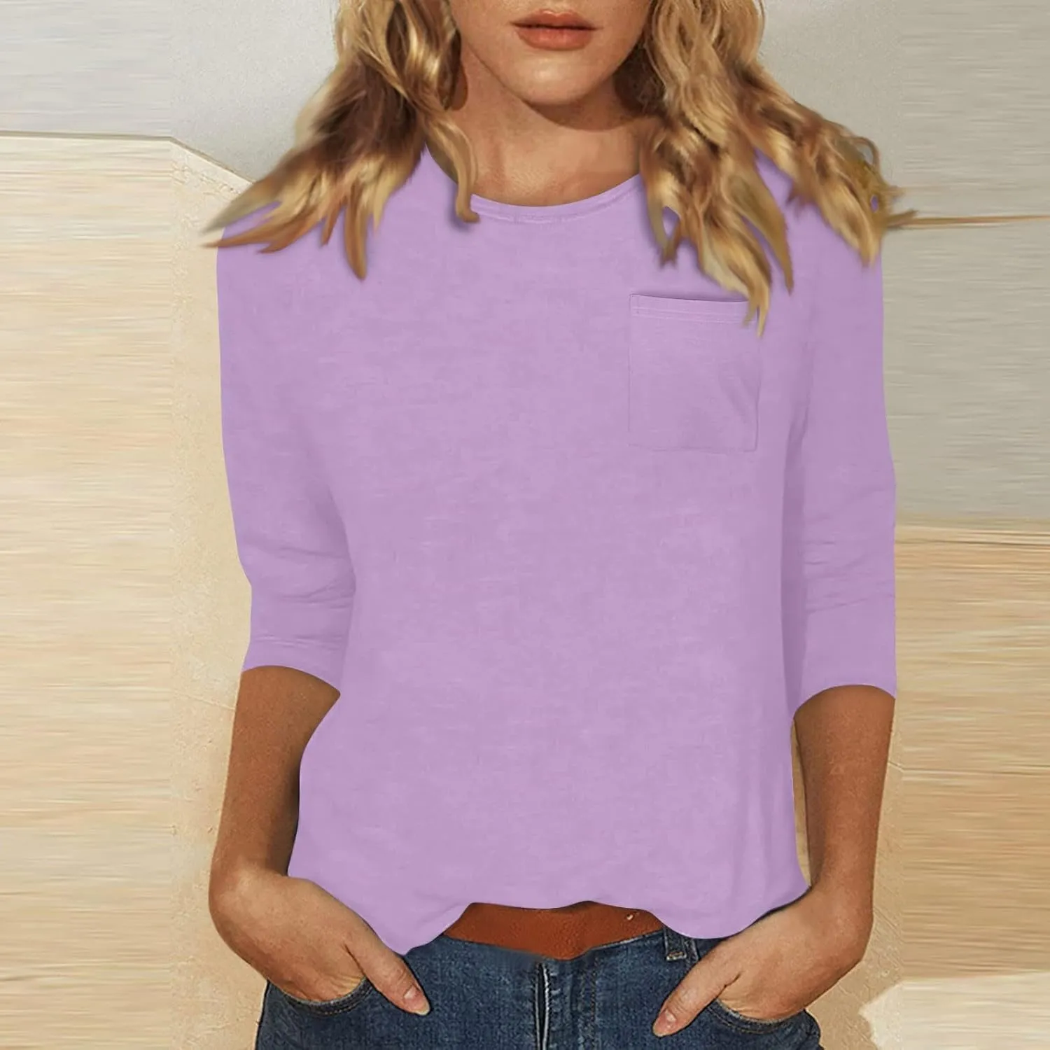 3/4 Length Sleeve Womens Tops Dressy Pocket Basic Crew Neck T Shirts Loose Fit Casual Comfy Three Quarter Blouses