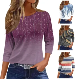 3/4 Length Sleeve Womens Tops Fashion Floral Print Vintage Tshirts 2025 Summer Casual Loose Crew Neck Blouses