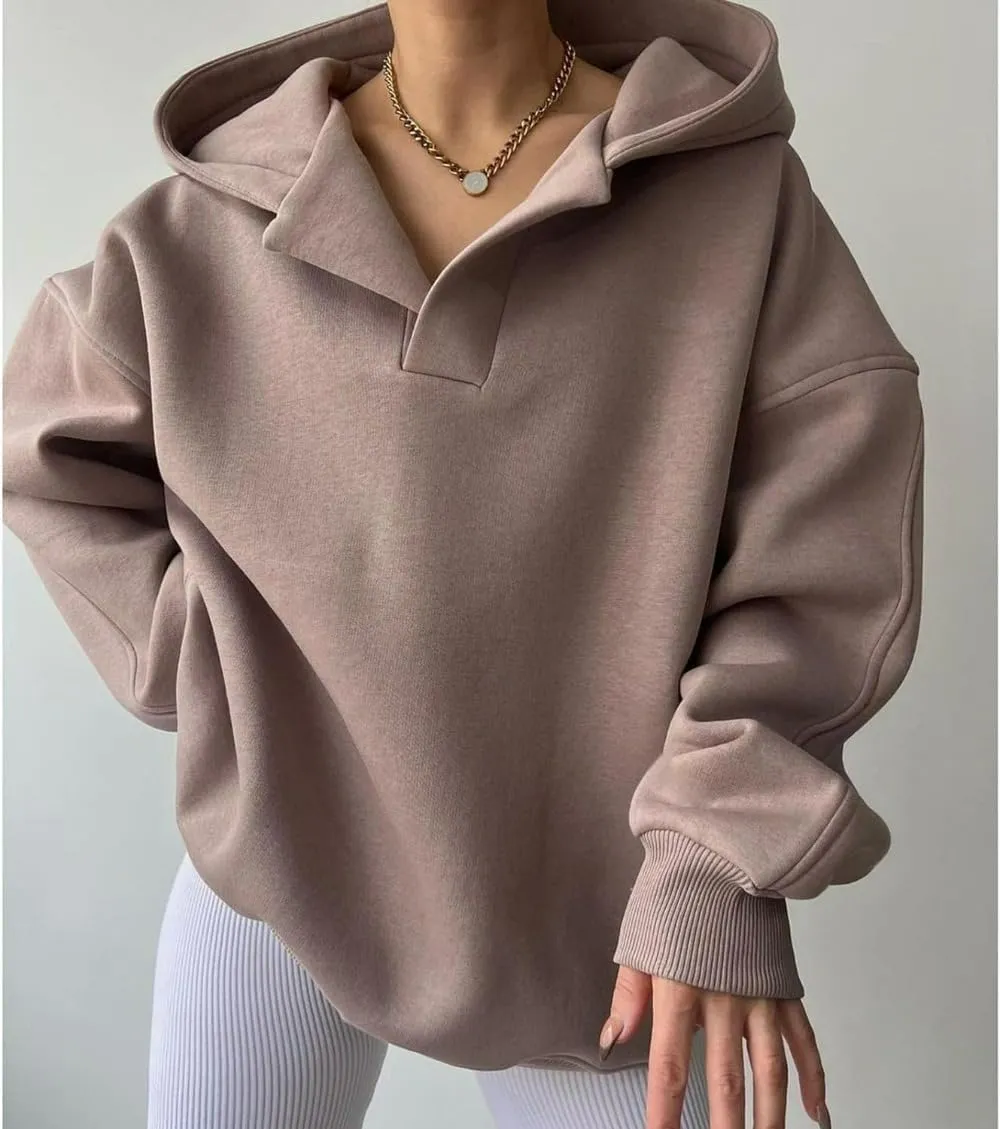 Aesthetic Hoodies for Women Hooded Long Sleeve Pullover Oversized Sweatshirts Casual V Neck Tops