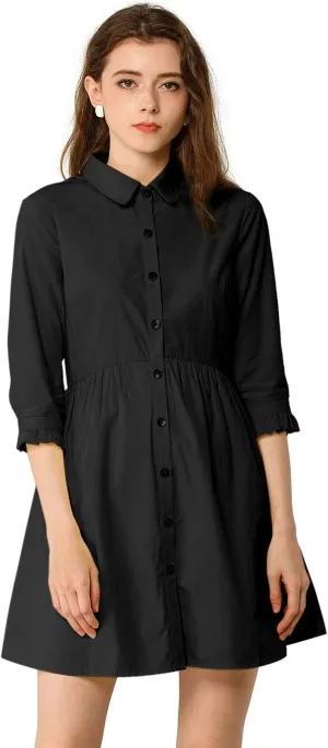 Allegra K Women's Business Casual Shirt Dress 3/4 Sleeve Button Down Work Summer Mini Dresses