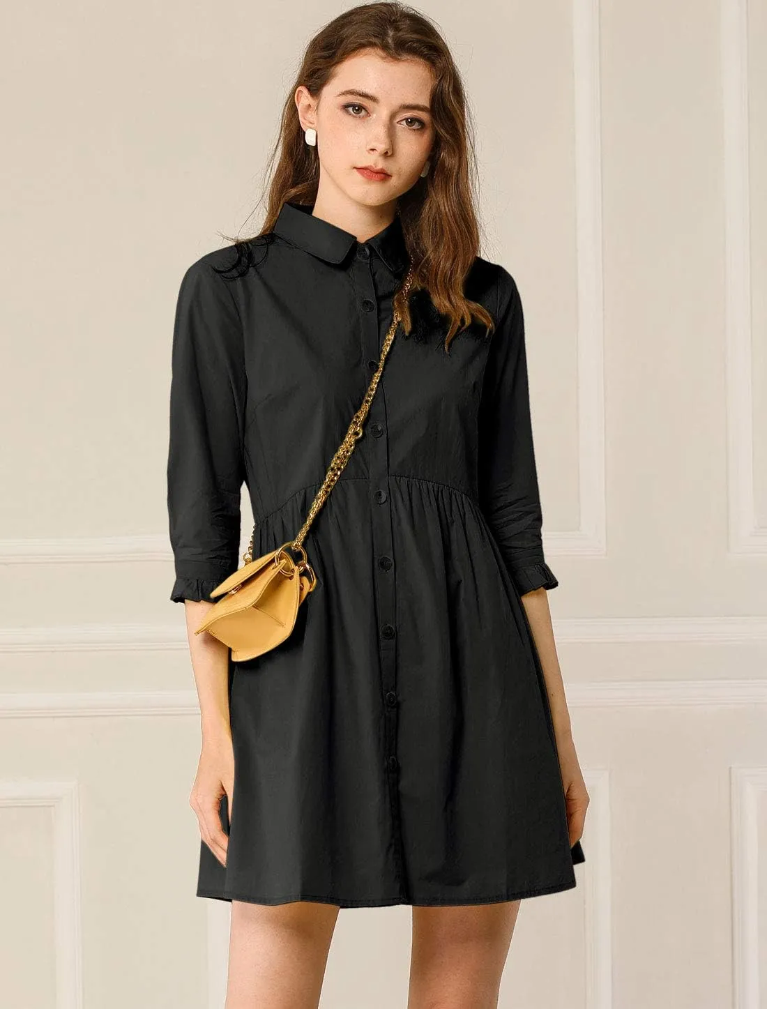 Allegra K Women's Business Casual Shirt Dress 3/4 Sleeve Button Down Work Summer Mini Dresses