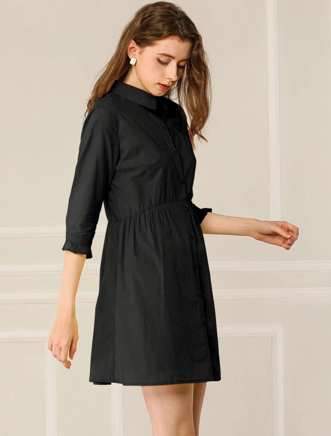 Allegra K Women's Business Casual Shirt Dress 3/4 Sleeve Button Down Work Summer Mini Dresses