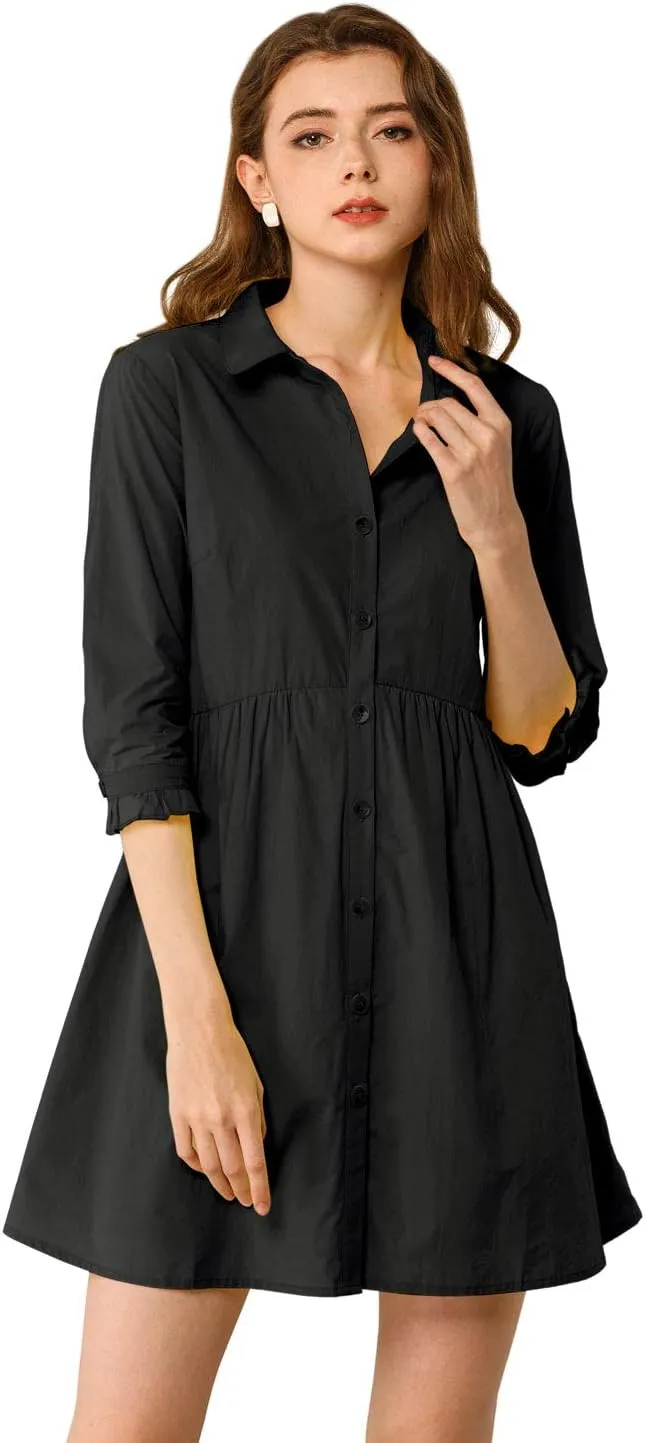 Allegra K Women's Business Casual Shirt Dress 3/4 Sleeve Button Down Work Summer Mini Dresses