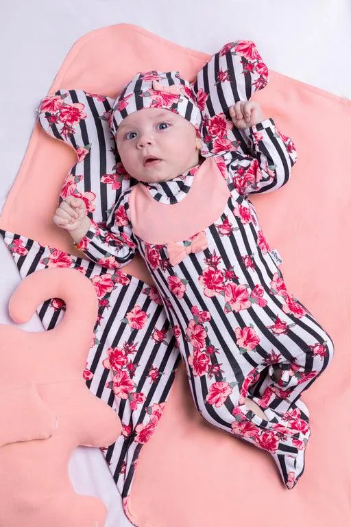 BamarNicole cotton trousers with feet Baby rompers, girl, pink, stripes, flowers NANA