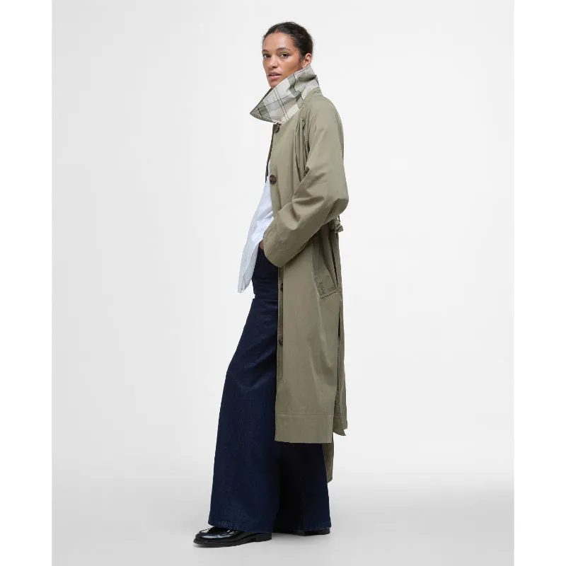 Barbour Garbo Ladies Showerproof Trench Coat - Dusky Green/Rosemary Tartan