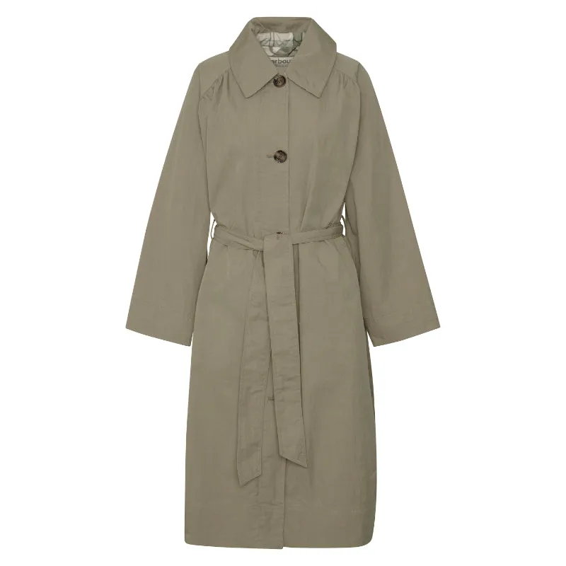Barbour Garbo Ladies Showerproof Trench Coat - Dusky Green/Rosemary Tartan
