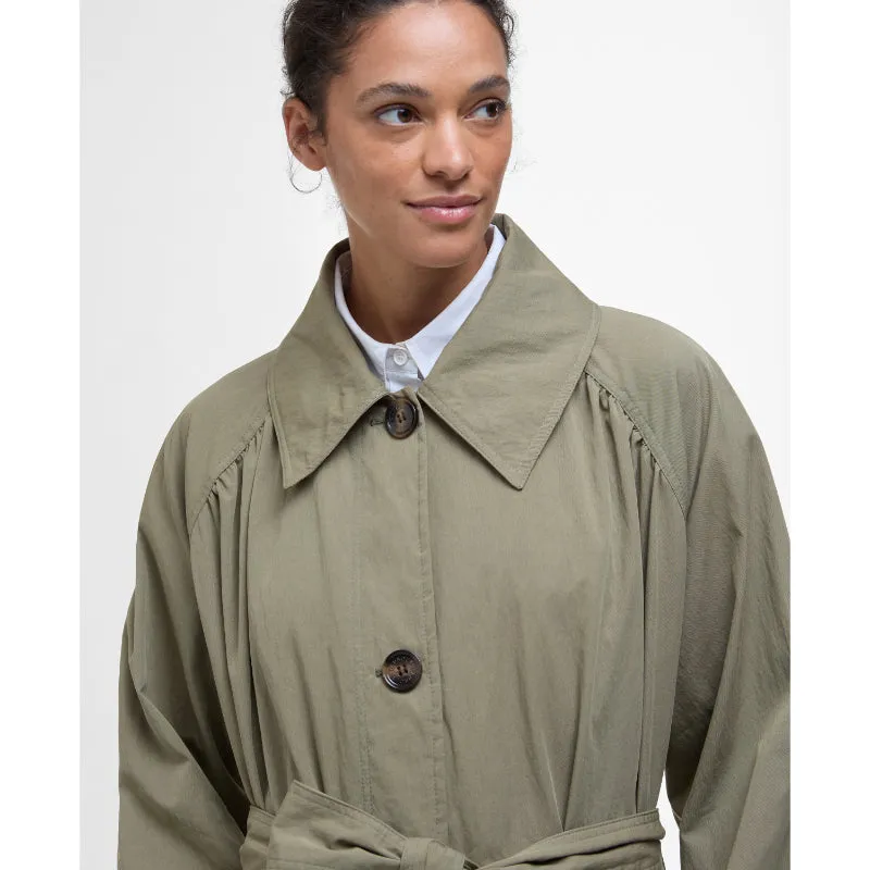 Barbour Garbo Ladies Showerproof Trench Coat - Dusky Green/Rosemary Tartan