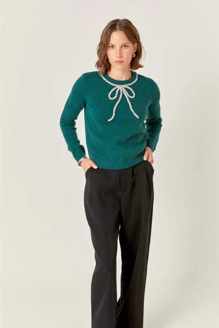 Becky Rhinestone Bow Knit Sweater - Green
