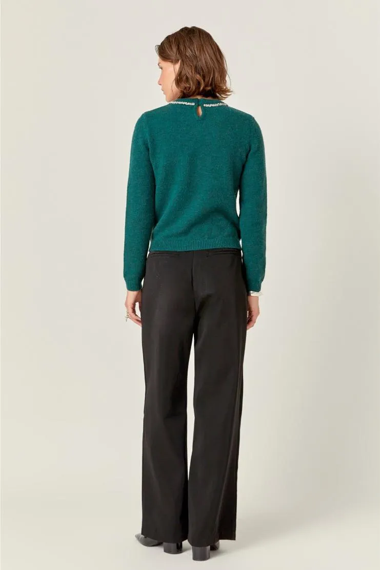Becky Rhinestone Bow Knit Sweater - Green