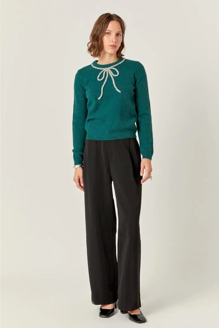 Becky Rhinestone Bow Knit Sweater - Green