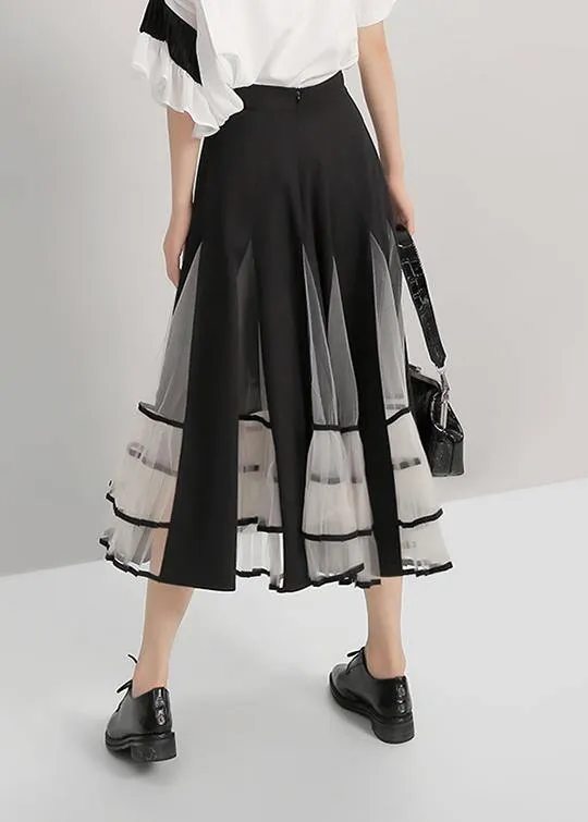 Black Mesh Patchwork A-Line Ladies Stylish Elegant Skirt