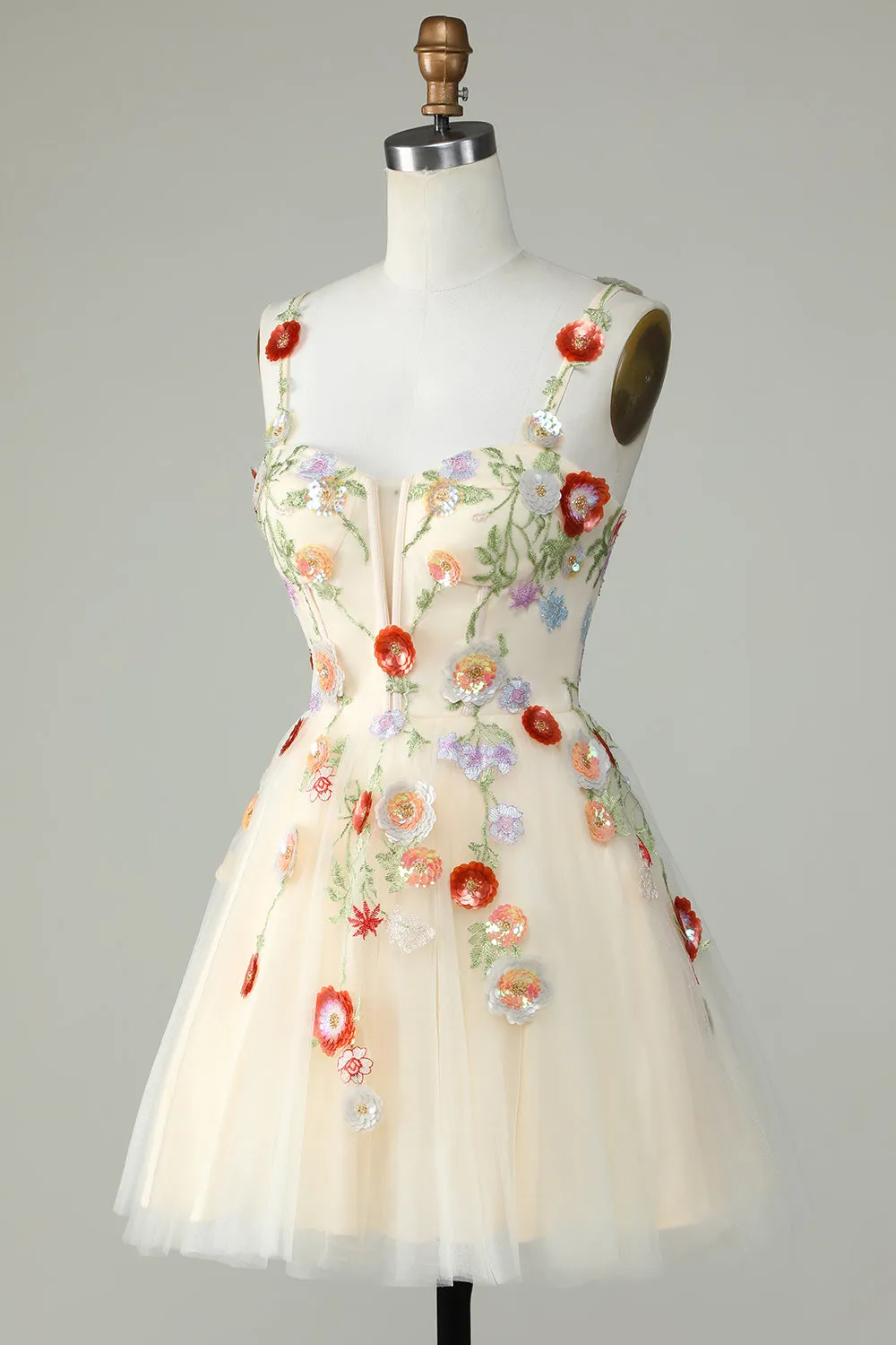 Black Sequin Spaghetti Strap A-Line Homecoming Dress with Floral Appliques