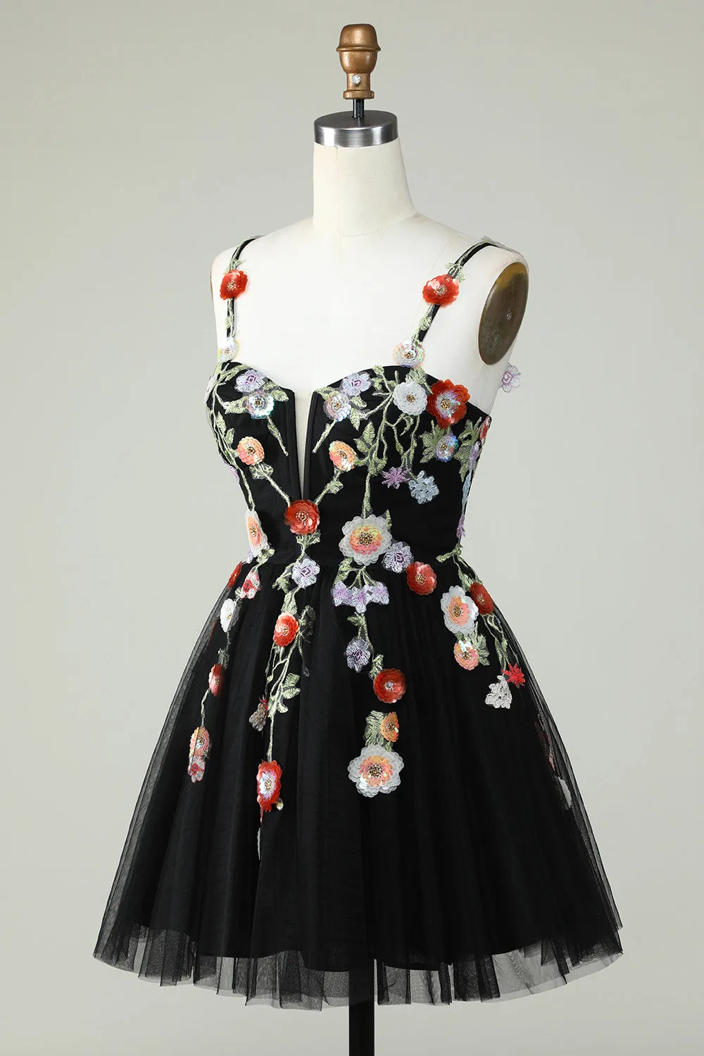 Black Sequin Spaghetti Strap A-Line Homecoming Dress with Floral Appliques