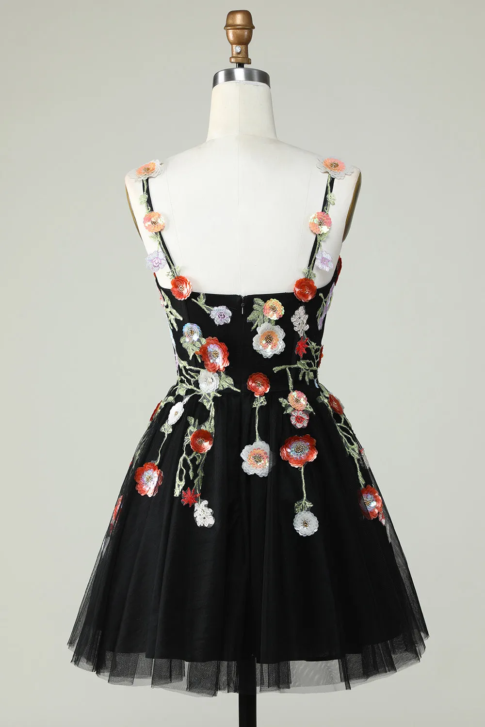 Black Sequin Spaghetti Strap A-Line Homecoming Dress with Floral Appliques