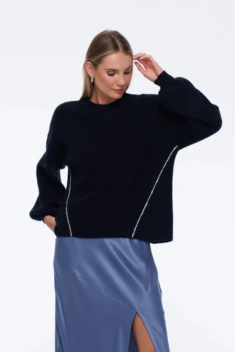 Blak - Viola Sweater, Black/White Stitch