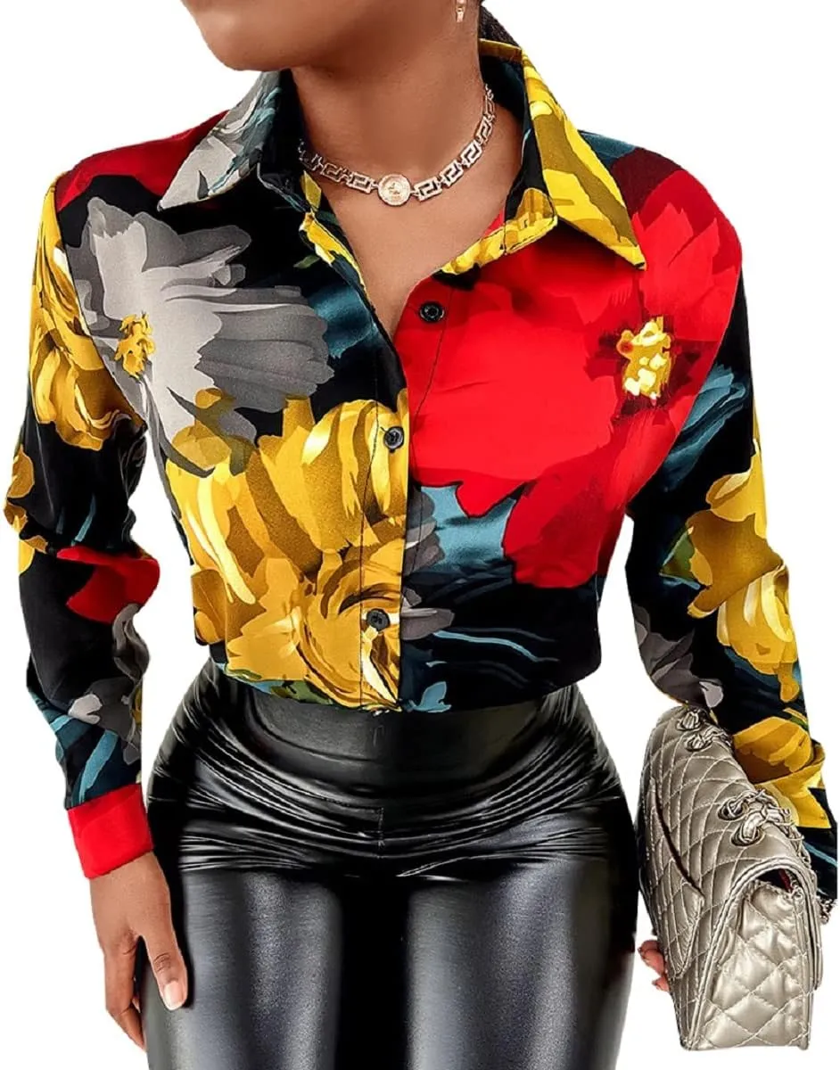 Blouses for Women Dressy Casual Colorful Long Sleeve Shirt Floral Print Tops Loose Collar Sexy T-Shirts Fashion 2023