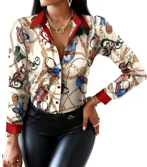 Blouses for Women Dressy Casual Colorful Long Sleeve Shirt Floral Print Tops Loose Collar Sexy T-Shirts Fashion 2023