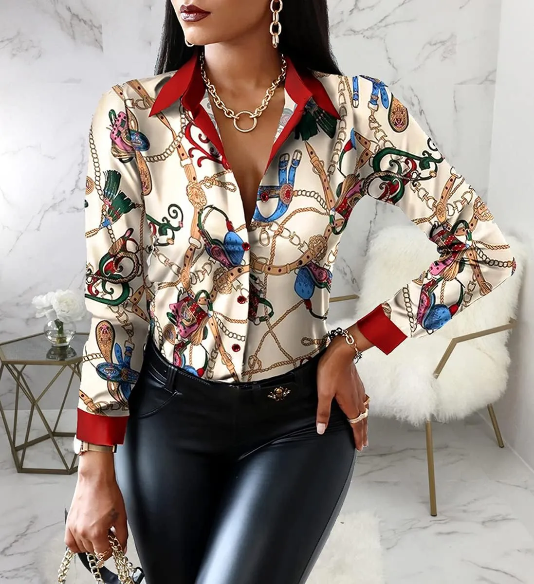 Blouses for Women Dressy Casual Colorful Long Sleeve Shirt Floral Print Tops Loose Collar Sexy T-Shirts Fashion 2023
