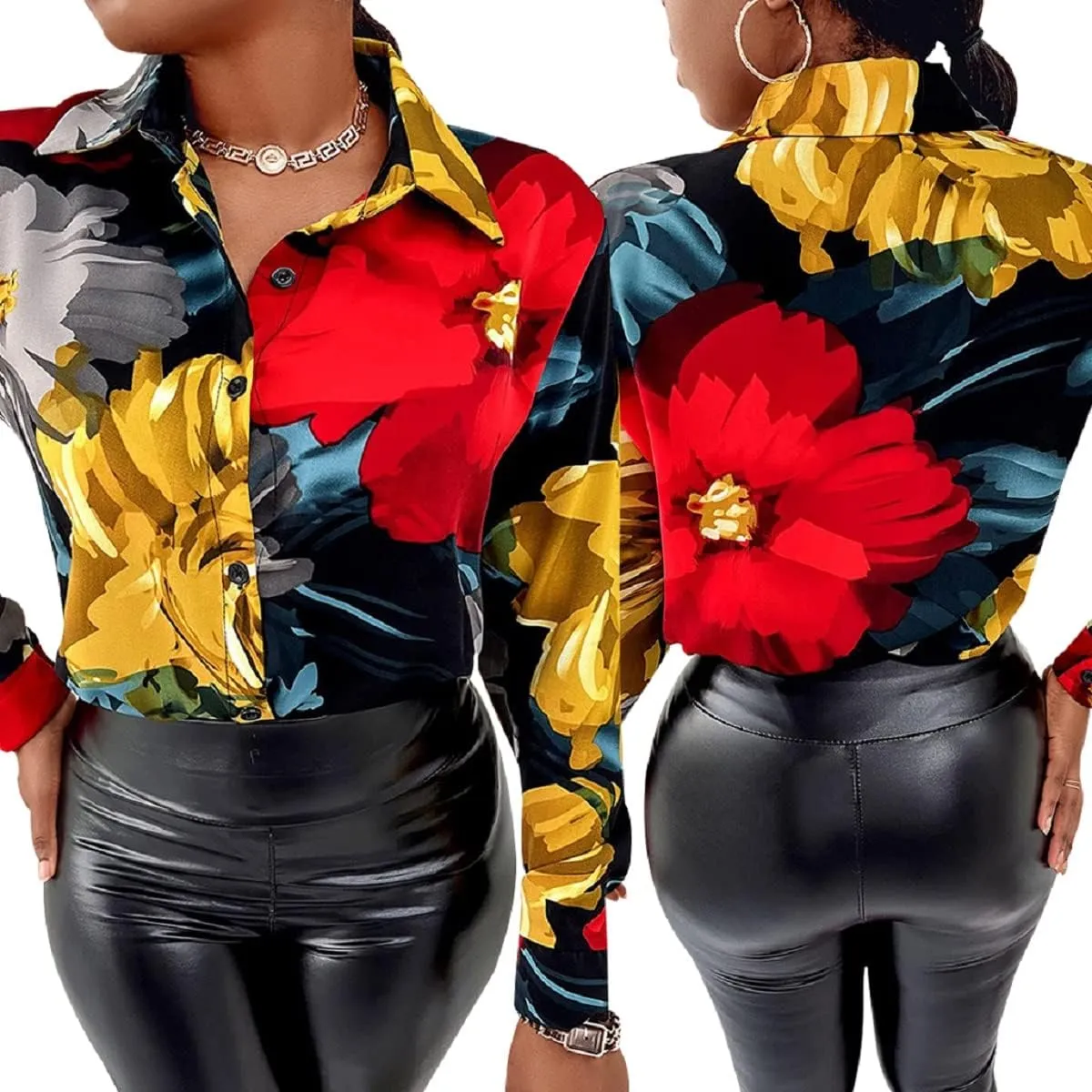 Blouses for Women Dressy Casual Colorful Long Sleeve Shirt Floral Print Tops Loose Collar Sexy T-Shirts Fashion 2023