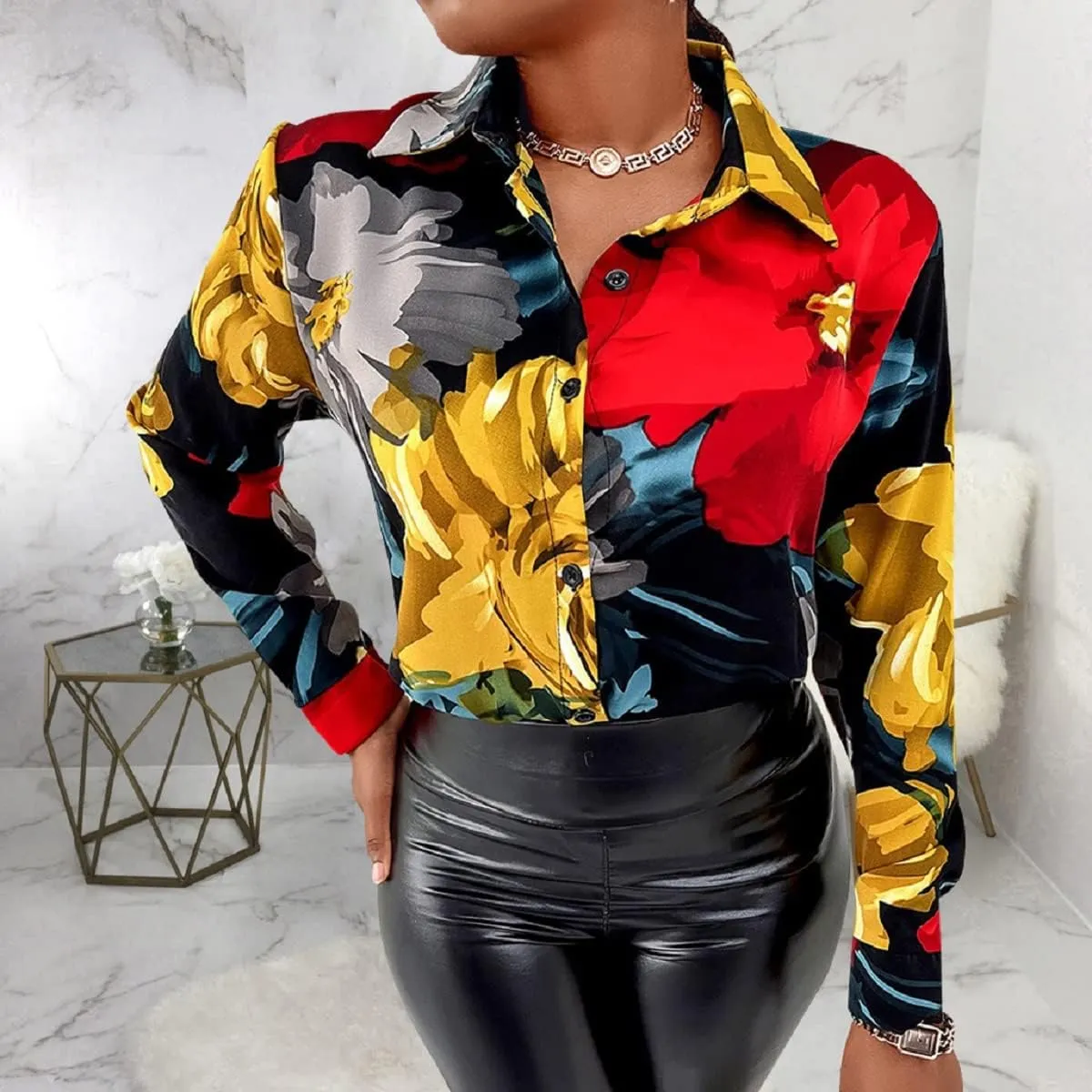 Blouses for Women Dressy Casual Colorful Long Sleeve Shirt Floral Print Tops Loose Collar Sexy T-Shirts Fashion 2023