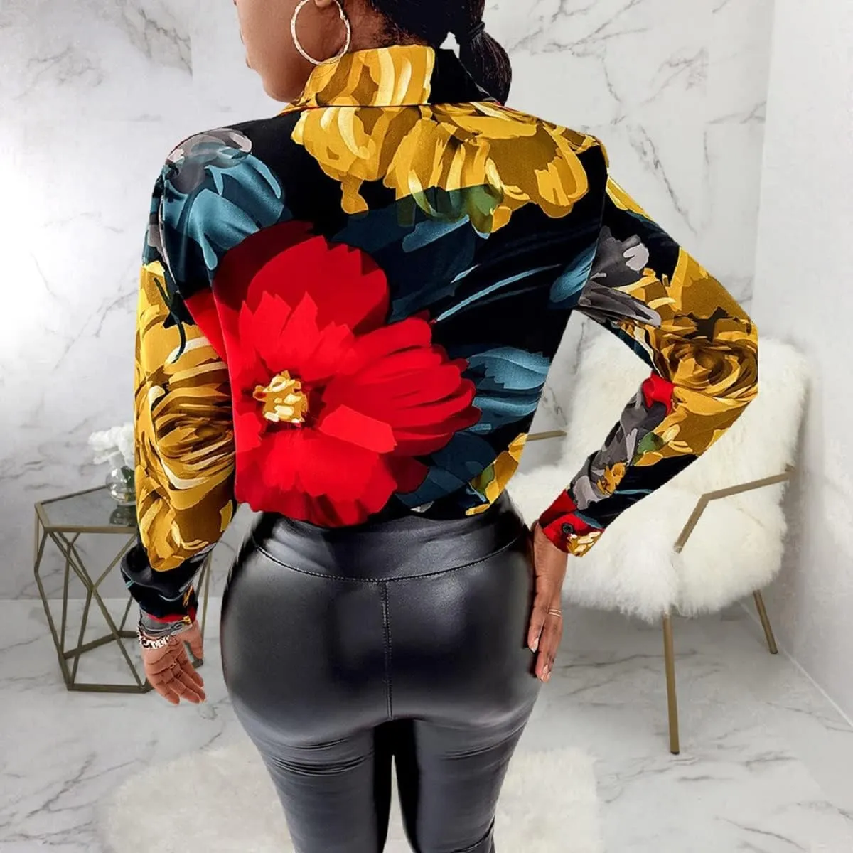 Blouses for Women Dressy Casual Colorful Long Sleeve Shirt Floral Print Tops Loose Collar Sexy T-Shirts Fashion 2023