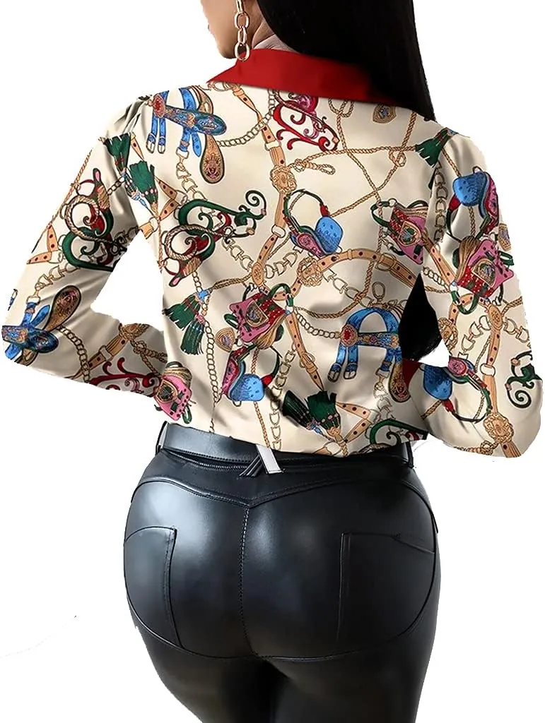 Blouses for Women Dressy Casual Colorful Long Sleeve Shirt Floral Print Tops Loose Collar Sexy T-Shirts Fashion 2023