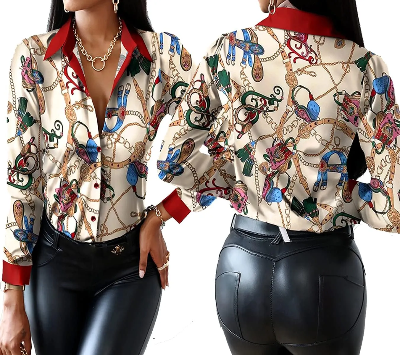 Blouses for Women Dressy Casual Colorful Long Sleeve Shirt Floral Print Tops Loose Collar Sexy T-Shirts Fashion 2023