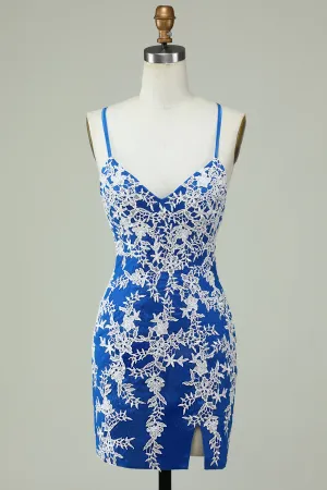 Blue Sheath Spaghetti Strap Homecoming Dress with Appliques