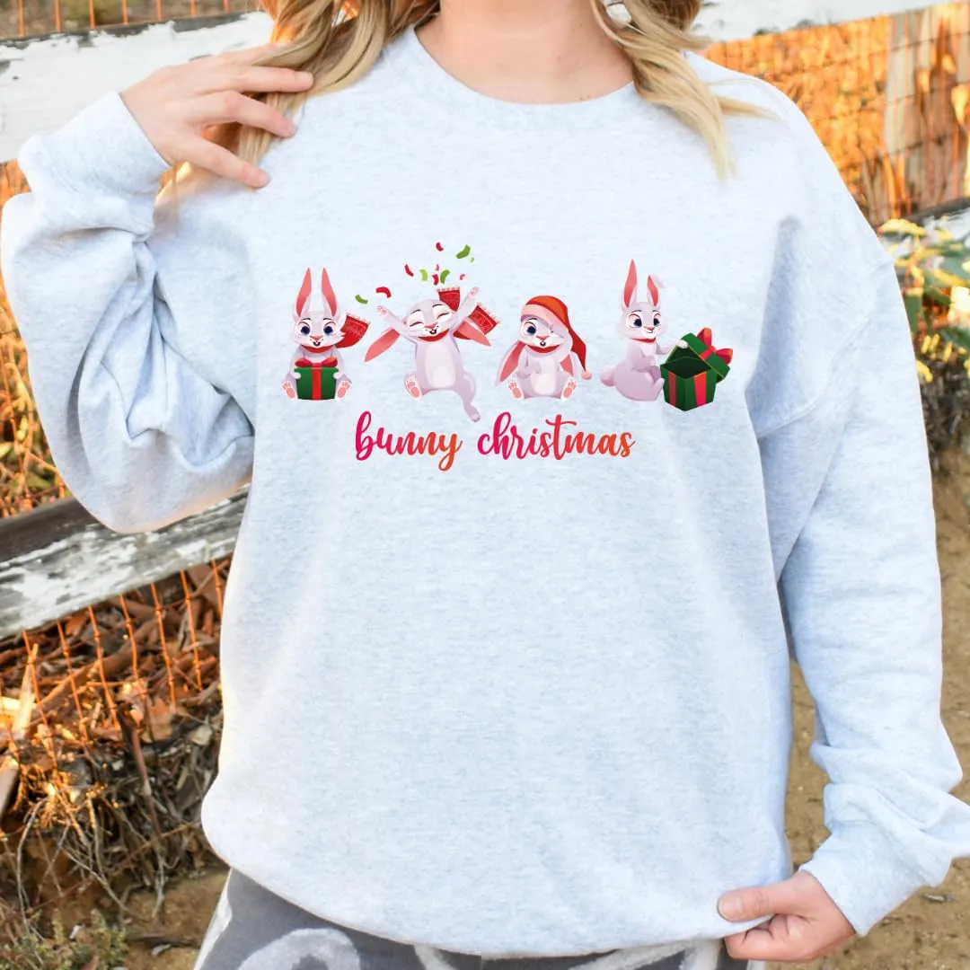 Bunny Christmas Sweatshirt, Merry And Bright Xmas Sweater, Christmas Sweaters For Teens