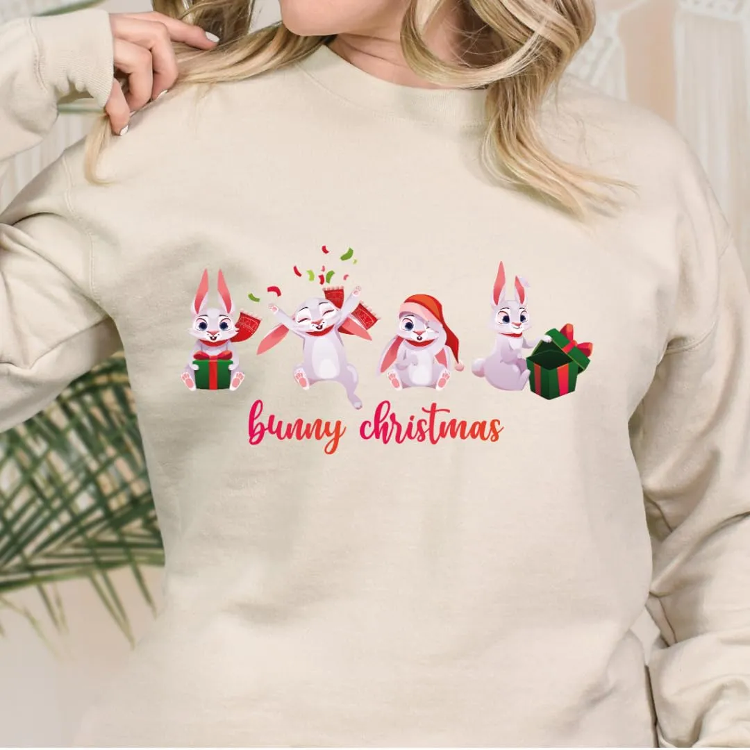 Bunny Christmas Sweatshirt, Merry And Bright Xmas Sweater, Christmas Sweaters For Teens