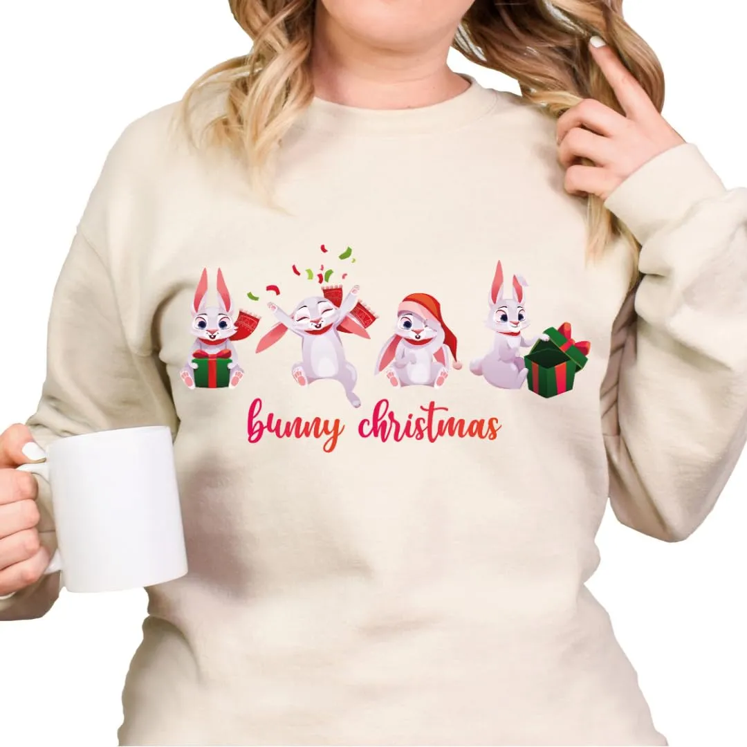 Bunny Christmas Sweatshirt, Merry And Bright Xmas Sweater, Christmas Sweaters For Teens