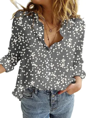 Dokotoo Women's Casual V Neck Alicia Floral Print Roll Up Long Sleeve Chiffon Button Down Blouses Bohemian Top Shirts
