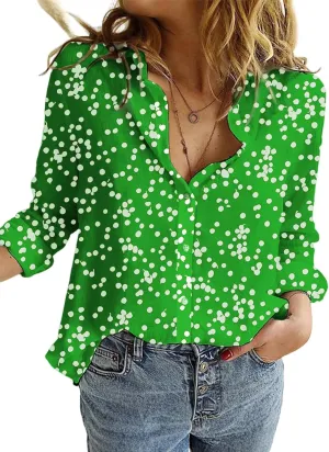 Dokotoo Women's Casual V Neck Alicia Floral Print Roll Up Long Sleeve Chiffon Button Down Blouses Bohemian Top Shirts