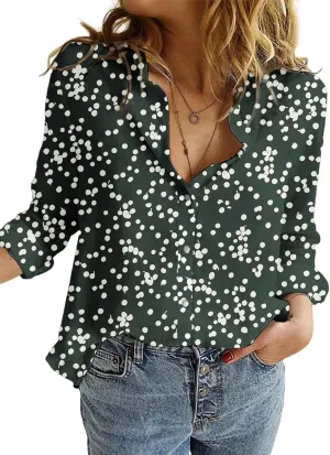 Dokotoo Women's Casual V Neck Alicia Floral Print Roll Up Long Sleeve Chiffon Button Down Blouses Bohemian Top Shirts