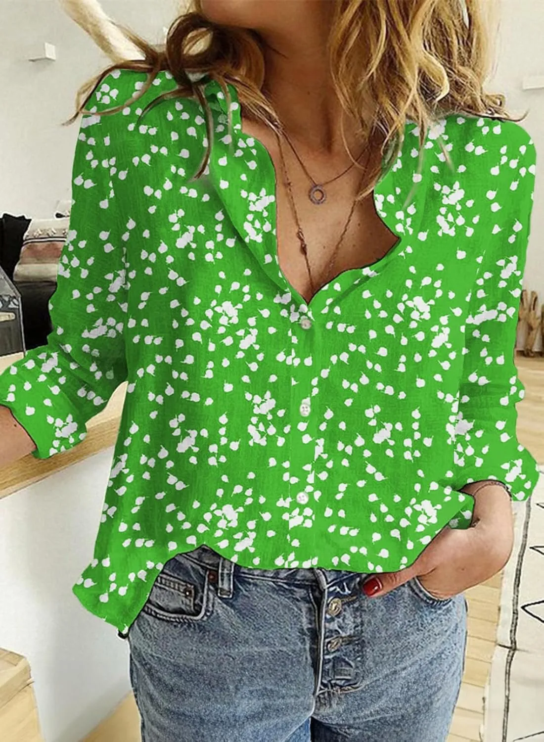 Dokotoo Women's Casual V Neck Alicia Floral Print Roll Up Long Sleeve Chiffon Button Down Blouses Bohemian Top Shirts
