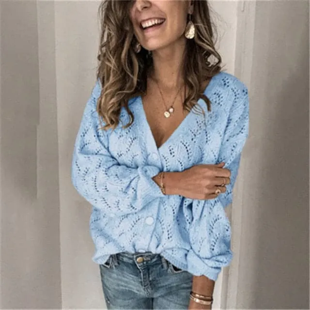 DressBetty - Stylish Crochet Hollow V-Neck Long-Sleeved Single-Row Button Cashmere Knitted Sweaters