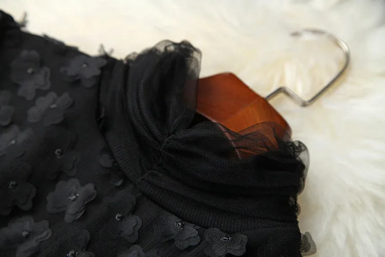 Elegant Black Flower Splicing Beading Tops Skirts Two-piece Set