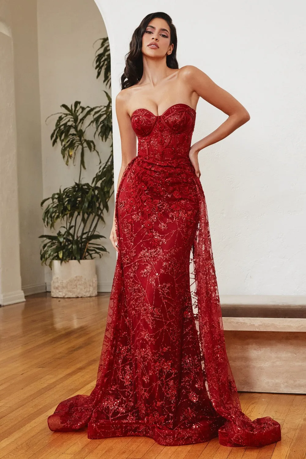 Eva Prom Gown Strapless Corset Bodice Tulle Skirt 74046TIR-Red LaDivine CB046 Cinderella Divine CB046