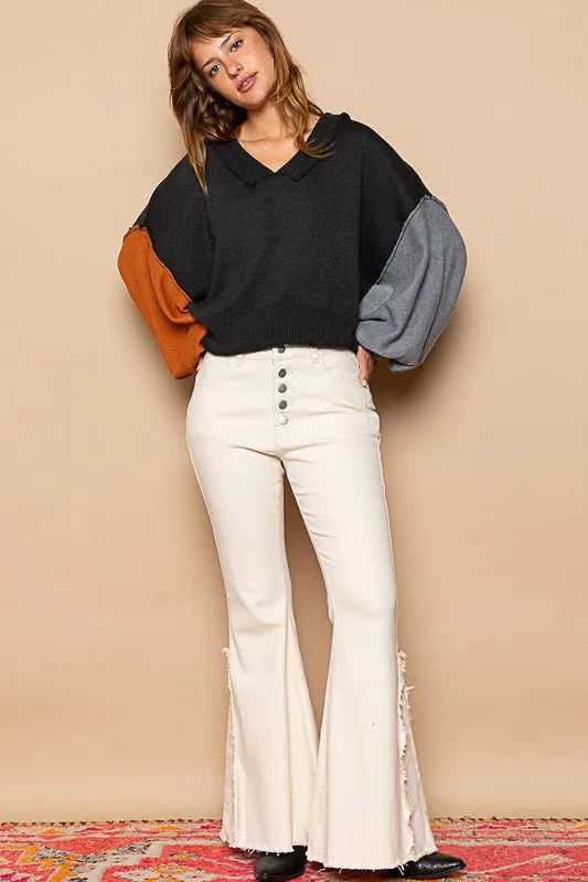 Exposed Seam Contrast V-Neck Sweater