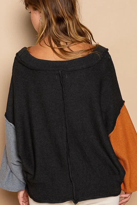 Exposed Seam Contrast V-Neck Sweater