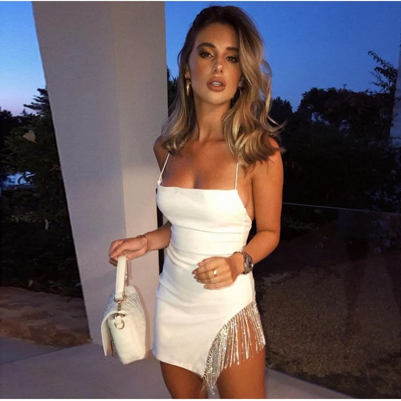 Fashionkova  Sexy Tassel Diamonds Party Dress Women Spaghetti Straps Backless Split Bodycon For Women Elegant Dress