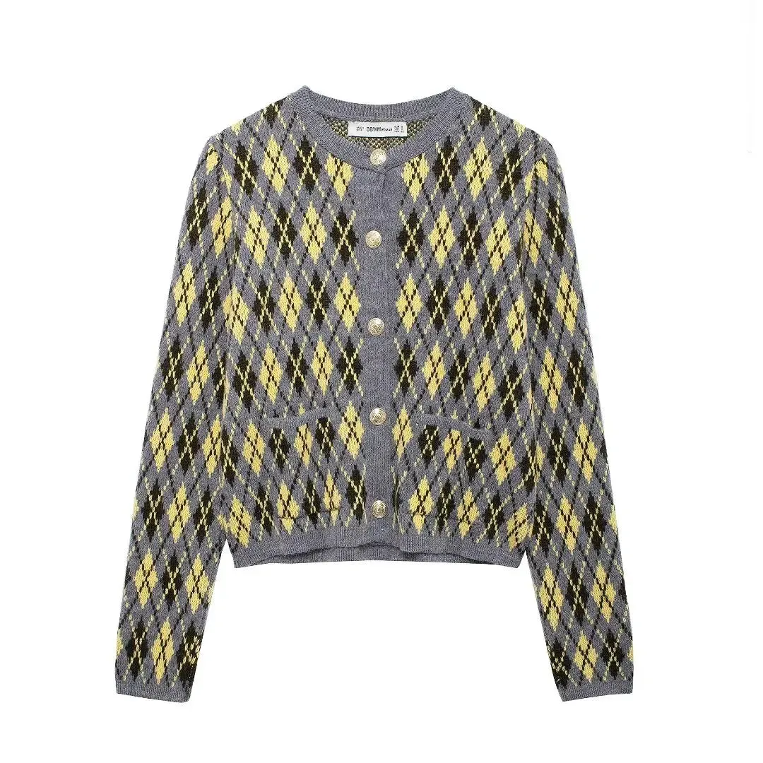 Fashionkova TRAFZA Autumn Women Elegant Sweater Coats O-Neck Long Sleeves Diamond Pattern Woman Single Breasted Pockets Knitted Coat Mujer