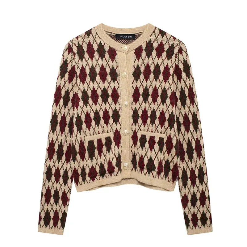 Fashionkova TRAFZA Autumn Women Elegant Sweater Coats O-Neck Long Sleeves Diamond Pattern Woman Single Breasted Pockets Knitted Coat Mujer