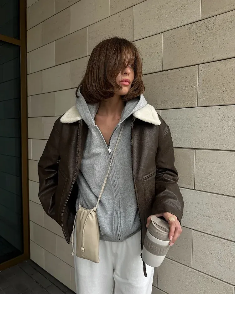 Fashionkova Women Fashion New Splicing Zipper Leather Jackets Elegant Solid Wool Lapel Short Coats 2024 Autumn Winter Lady Warm Outerwears