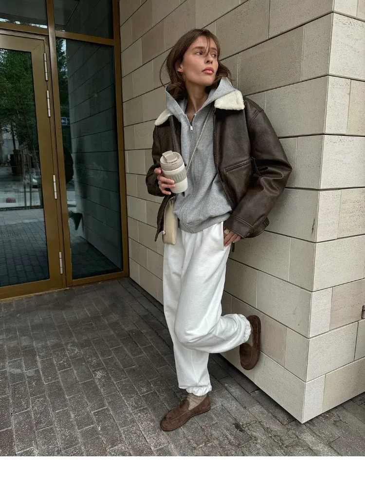 Fashionkova Women Fashion New Splicing Zipper Leather Jackets Elegant Solid Wool Lapel Short Coats 2024 Autumn Winter Lady Warm Outerwears