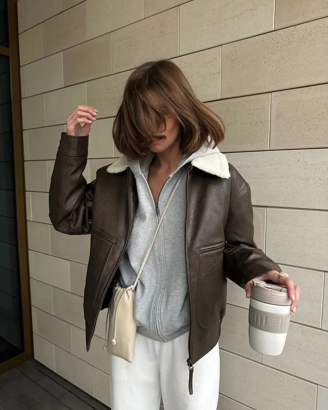 Fashionkova Women Fashion New Splicing Zipper Leather Jackets Elegant Solid Wool Lapel Short Coats 2024 Autumn Winter Lady Warm Outerwears