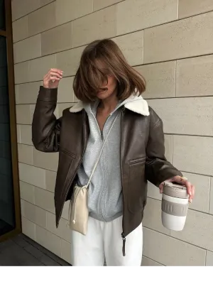 Fashionkova Women Fashion New Splicing Zipper Leather Jackets Elegant Solid Wool Lapel Short Coats 2024 Autumn Winter Lady Warm Outerwears